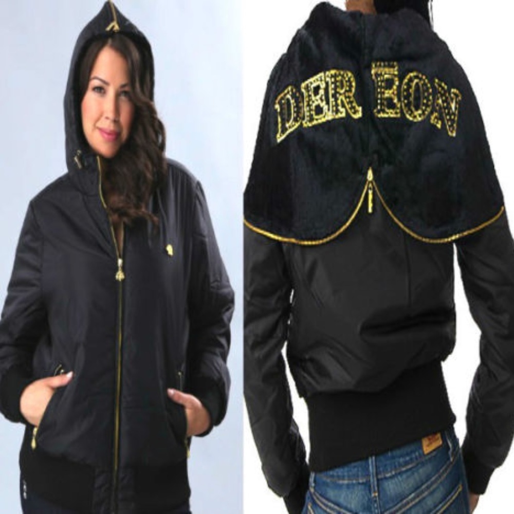 NEW Black Dereon Y2K Rhinestone Nylon Fur Hood  Puffer Jacket Coat  S Small